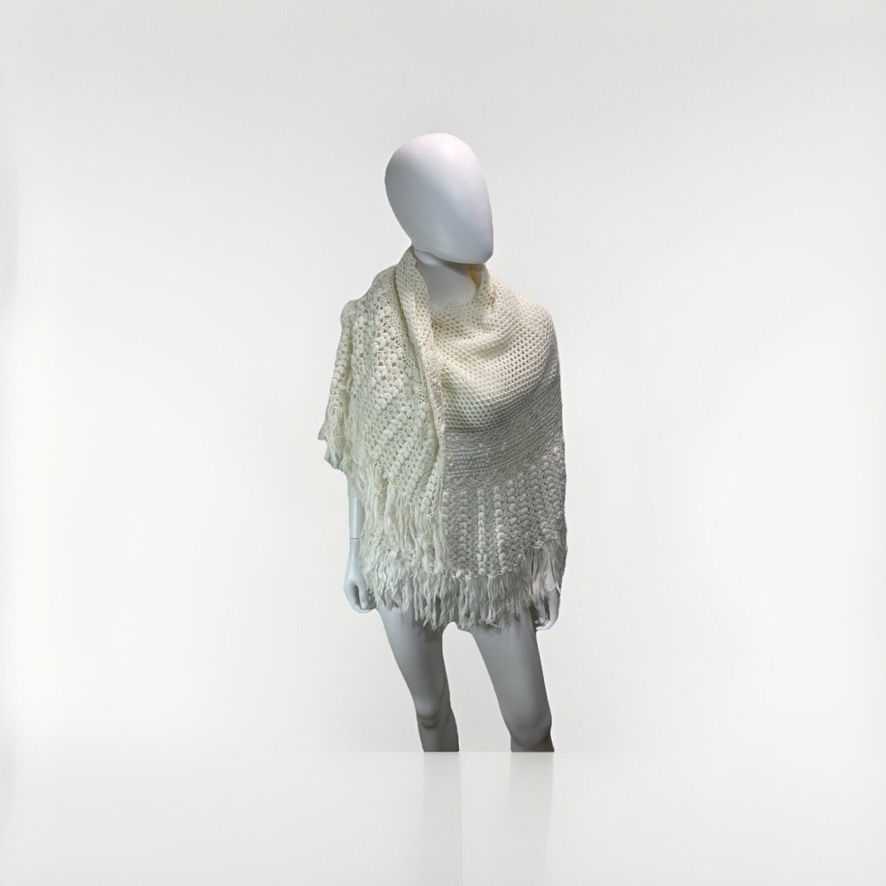 Handmade Crochet Off White Soft White Large Hippie Fringe Shawl Whimsical Boho